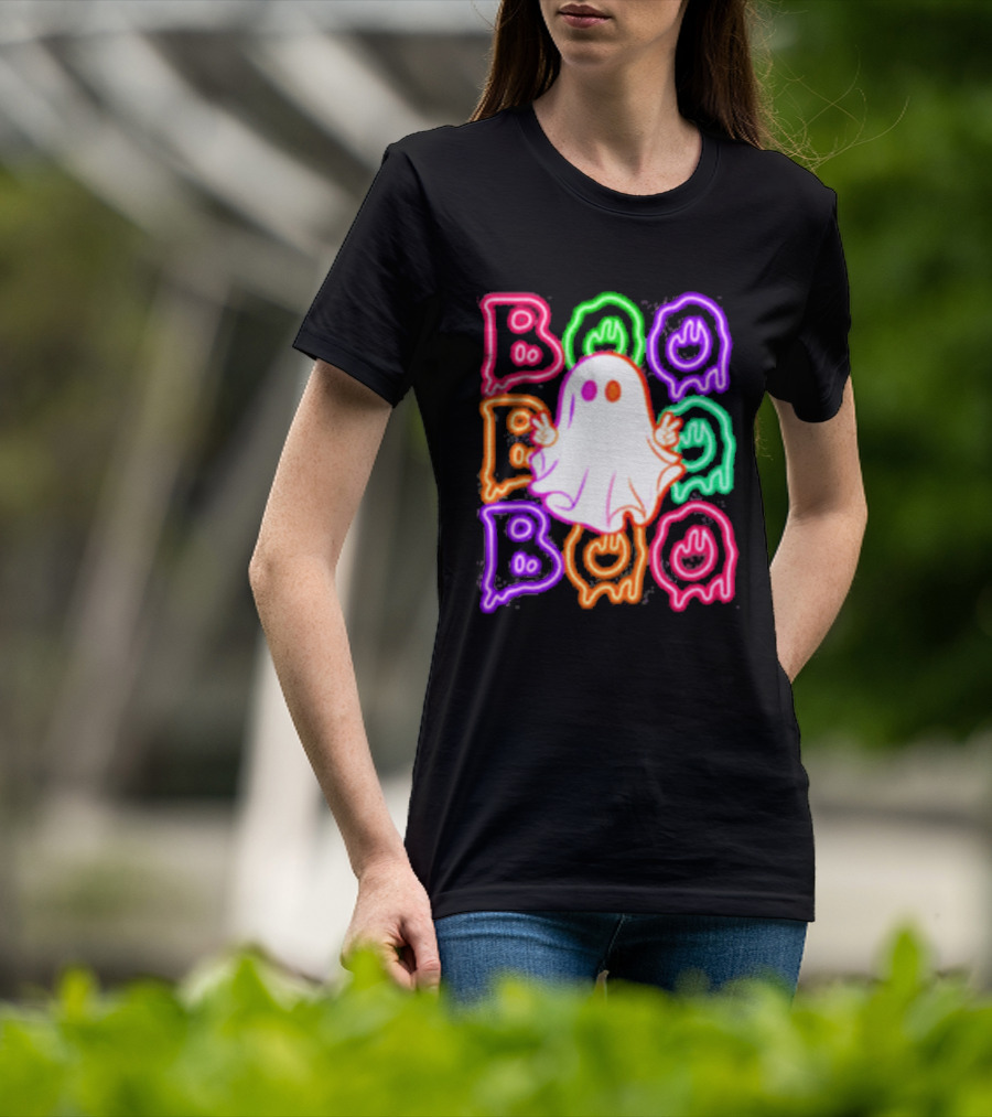 Ghost Boo Neon Halloween Spooky Bright T-Shirt