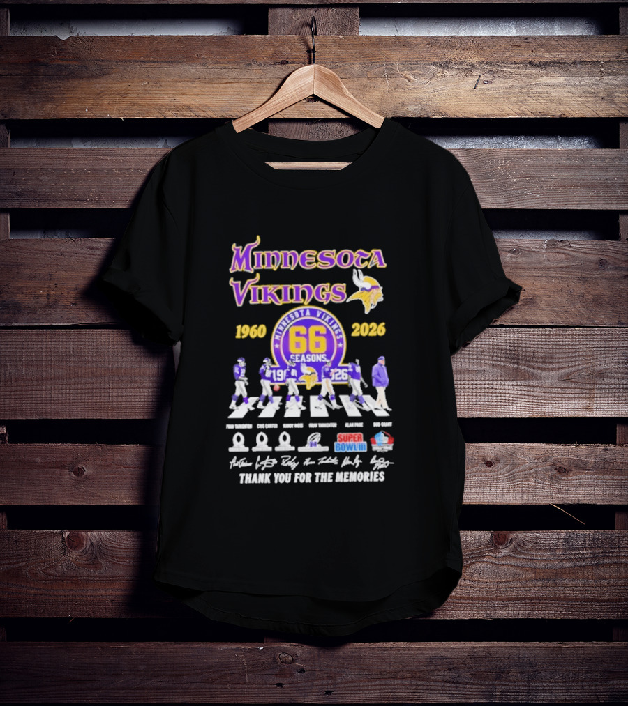 Minnesota Vikings 66 Seasons 1960 2026 Abbey Road Fran Tarkenton Cris Carter Randy Moss Alan Page Bud Grant Super Bowl Thank You For The Memories T-Shirt