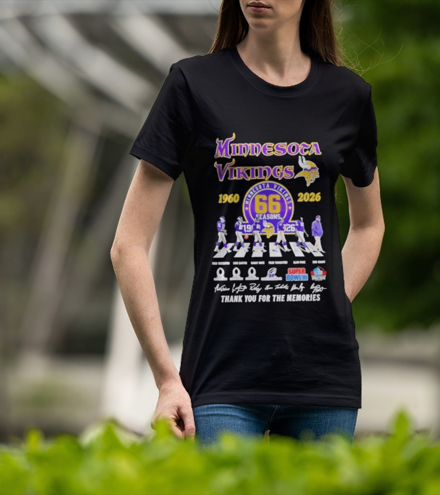 Minnesota Vikings 66 Seasons 1960 2026 Abbey Road Fran Tarkenton Cris Carter Randy Moss Alan Page Bud Grant Super Bowl Thank You For The Memories T-Shirt