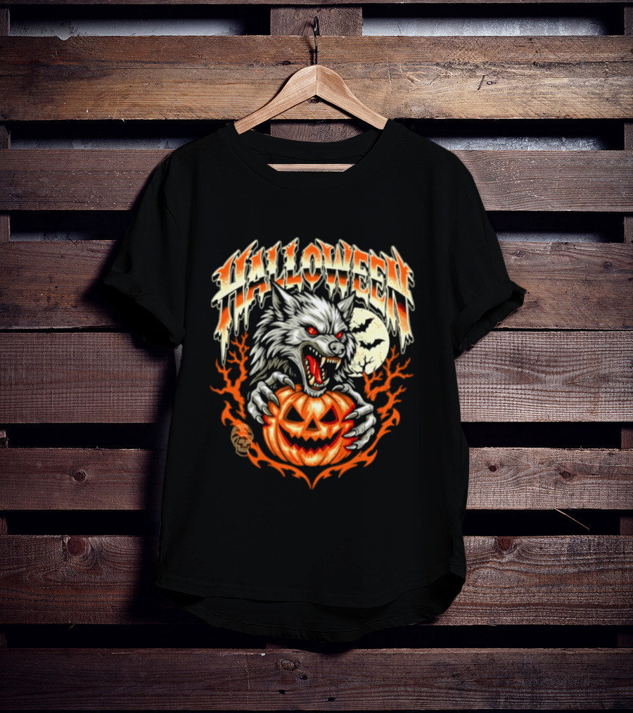 Halloween Werewolf With Jack O' Lantern And Full Moon T-Shirt
