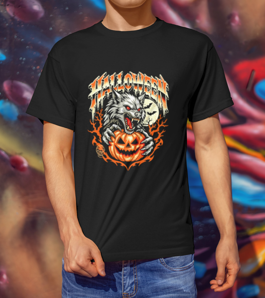 Halloween Werewolf With Jack O' Lantern And Full Moon T-Shirt