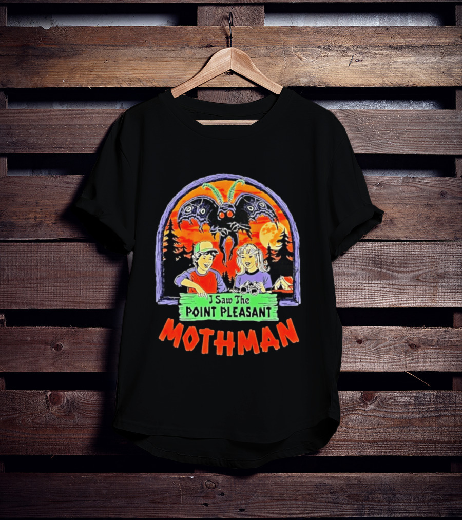 I Saw The Point Pleasant Mothman With Kids And Binoculars In Forest Scene T-Shirt