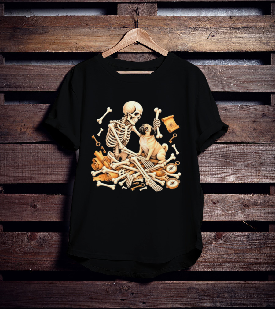Skeleton And Pug With Bones And Scrolls Halloween Adventure T-Shirt