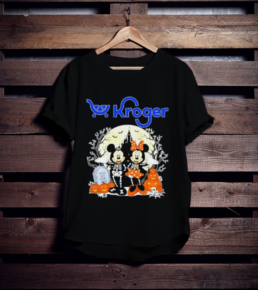 Kroger Mickey And Minnie Mouse Skeleton Halloween Pumpkins And Gravestone T-Shirt