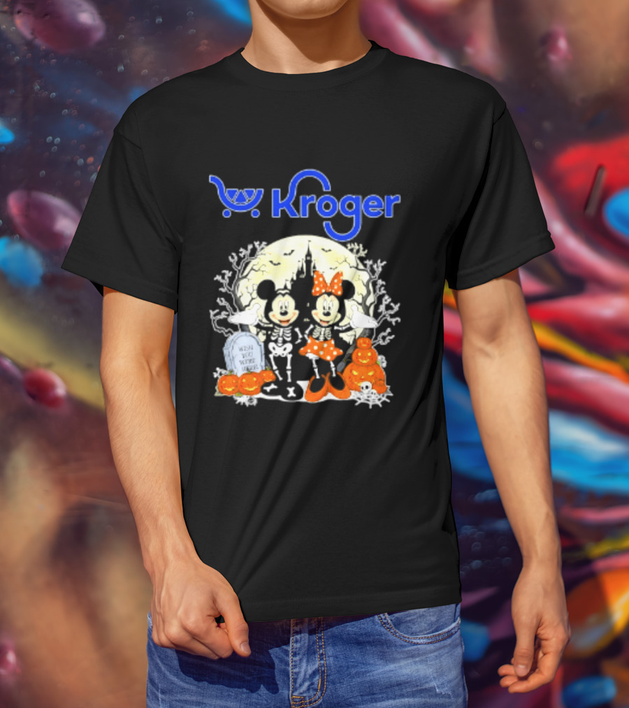 Kroger Mickey And Minnie Mouse Skeleton Halloween Pumpkins And Gravestone T-Shirt
