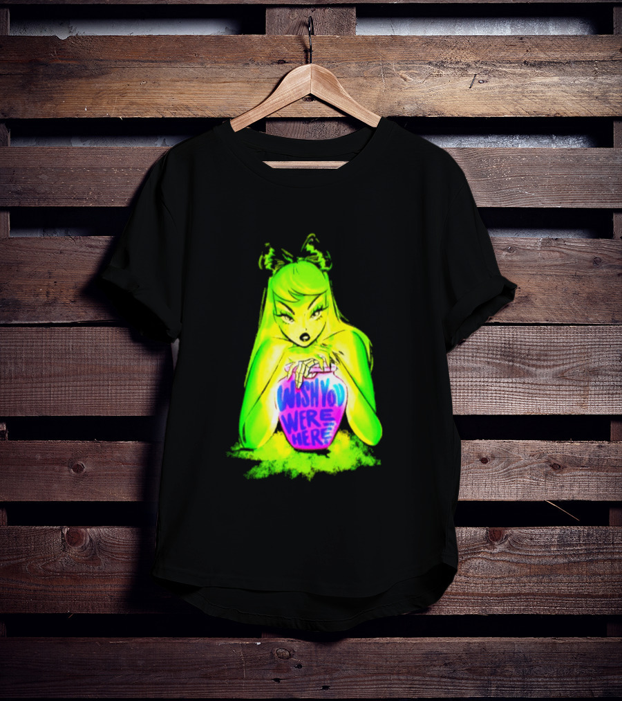 Wish You Were Here Skeleton Urn Goth Spooky Green Yellow Pink Ghostly Aesthetic T-Shirt