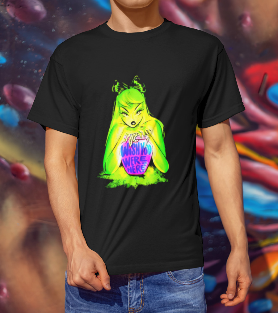 Wish You Were Here Skeleton Urn Goth Spooky Green Yellow Pink Ghostly Aesthetic T-Shirt