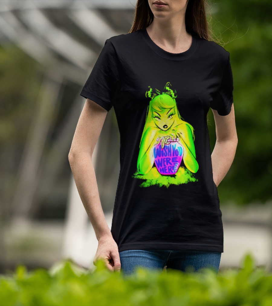 Wish You Were Here Skeleton Urn Goth Spooky Green Yellow Pink Ghostly Aesthetic T-Shirt
