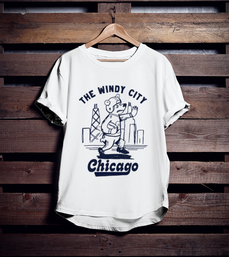 Chicago Bears The Windy City Football Character And Skyline T-Shirt