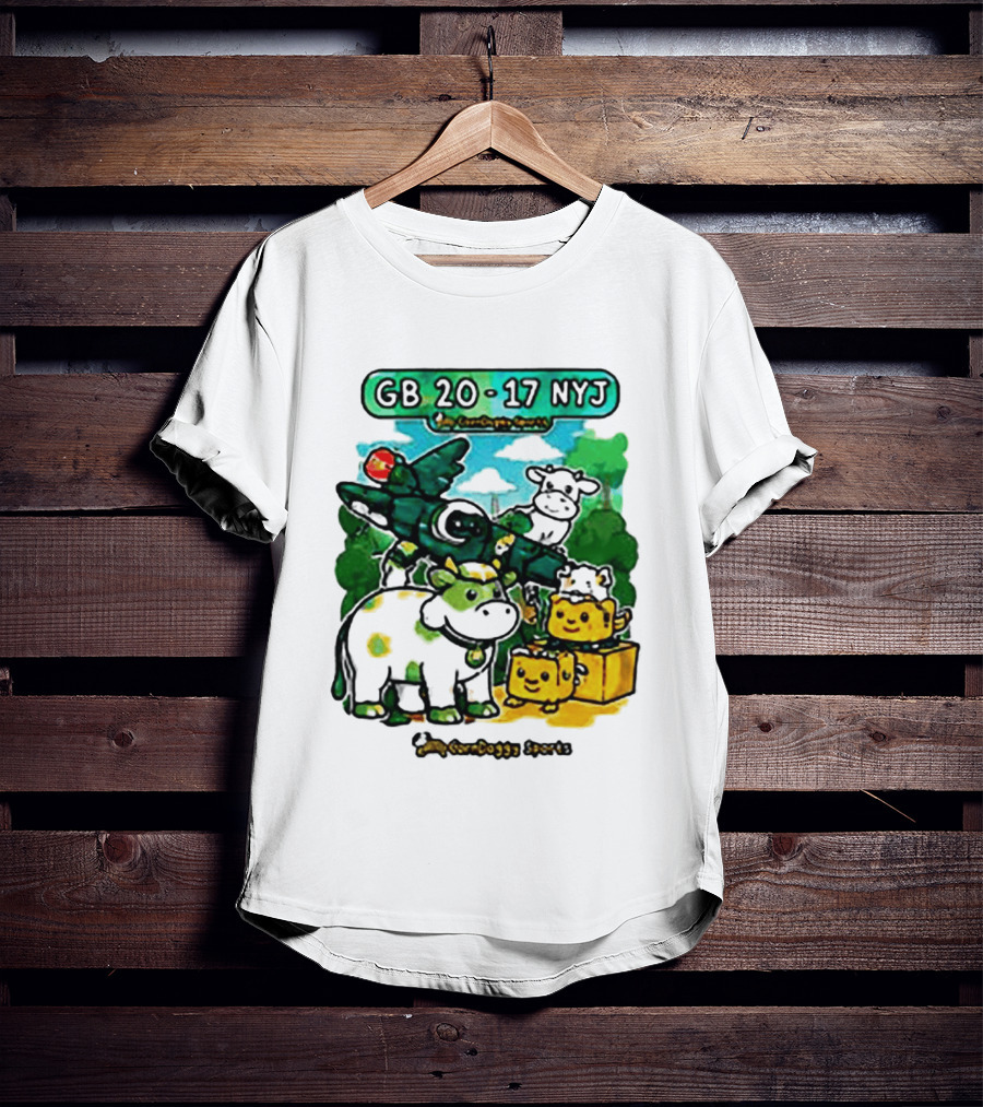 GB 20 17 NYJ Green Bay Football Green Cow Jet Cartoon Game Day T-Shirt