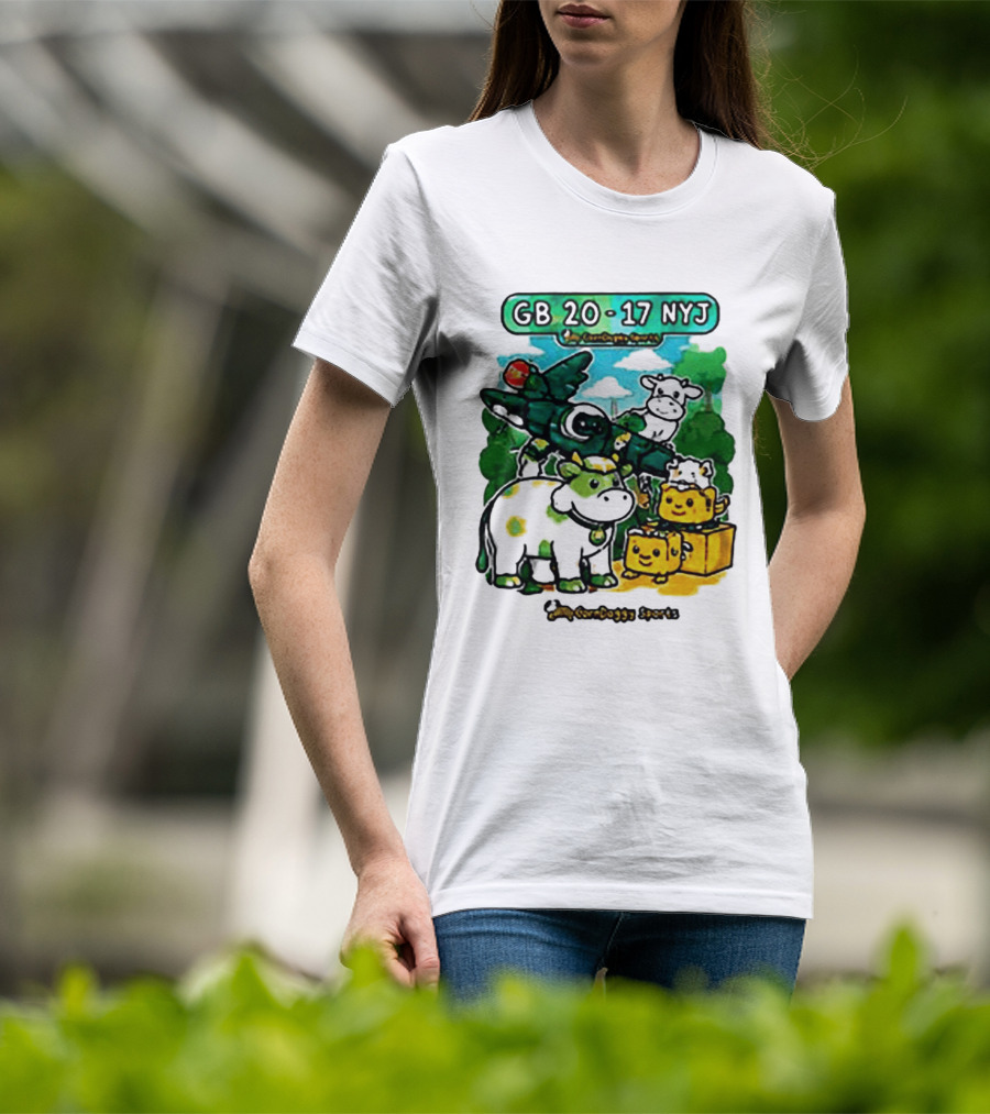 GB 20 17 NYJ Green Bay Football Green Cow Jet Cartoon Game Day T-Shirt