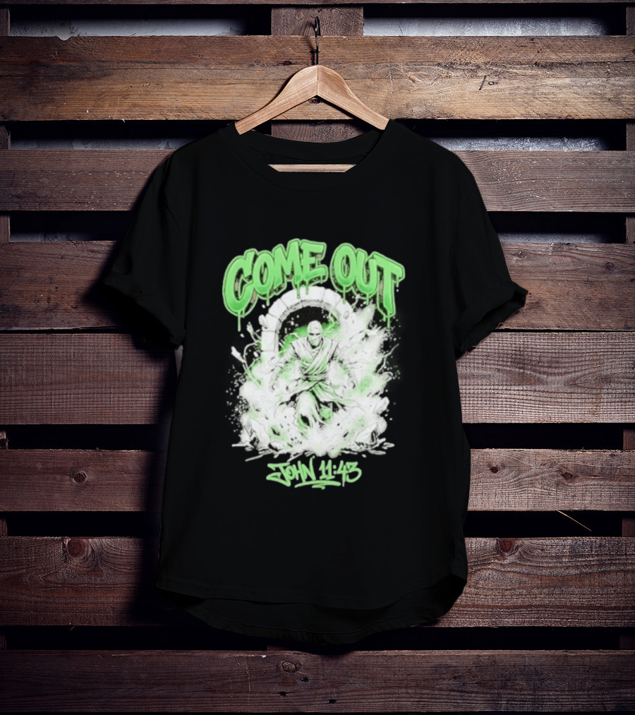 Come Out John 11 43 Mummy Bible Verse Green Drip T-Shirt