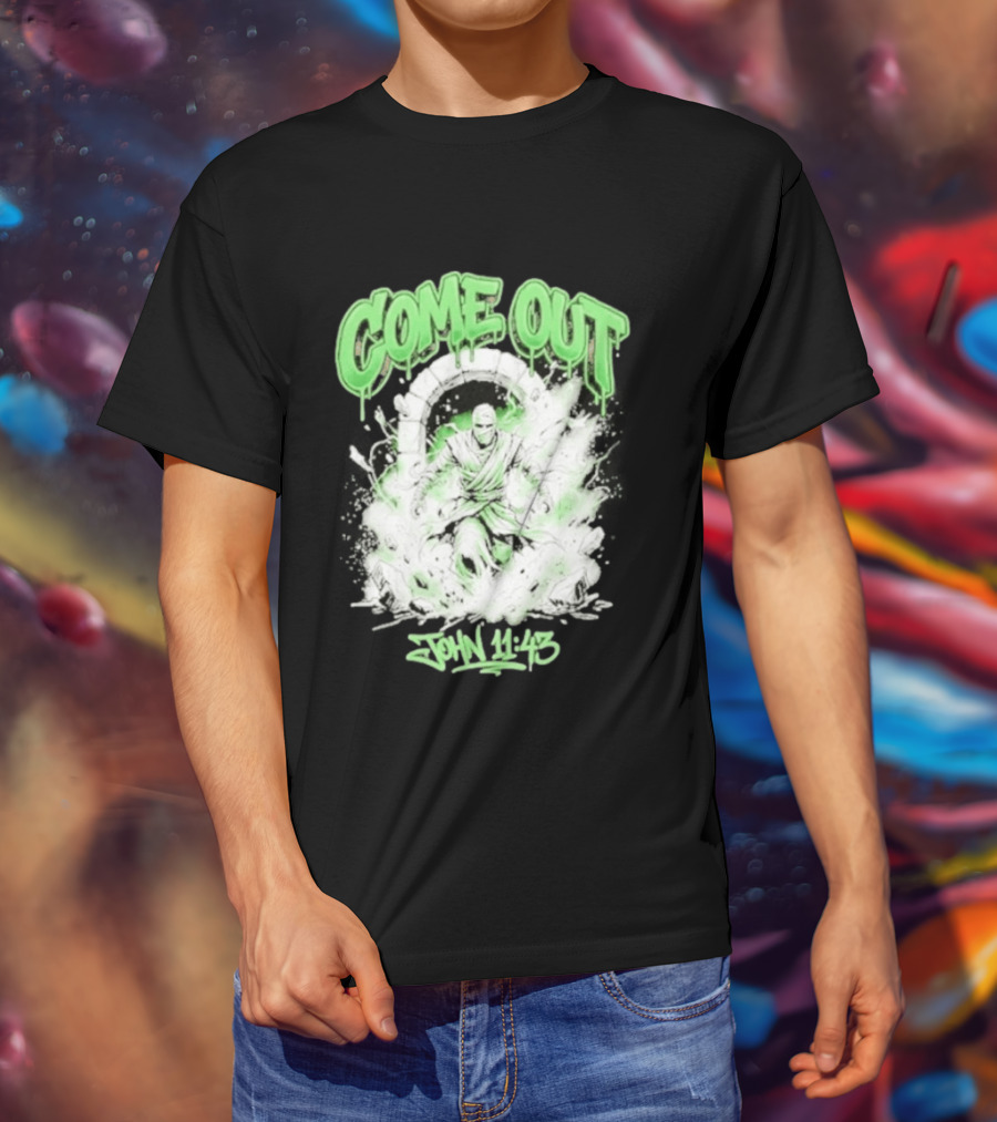 Come Out John 11 43 Mummy Bible Verse Green Drip T-Shirt