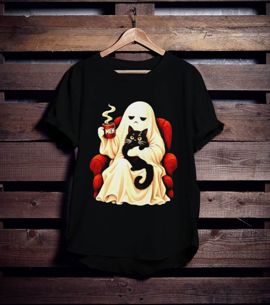 Ghost And Black Cat On Red Chair With Meh Coffee T-Shirt