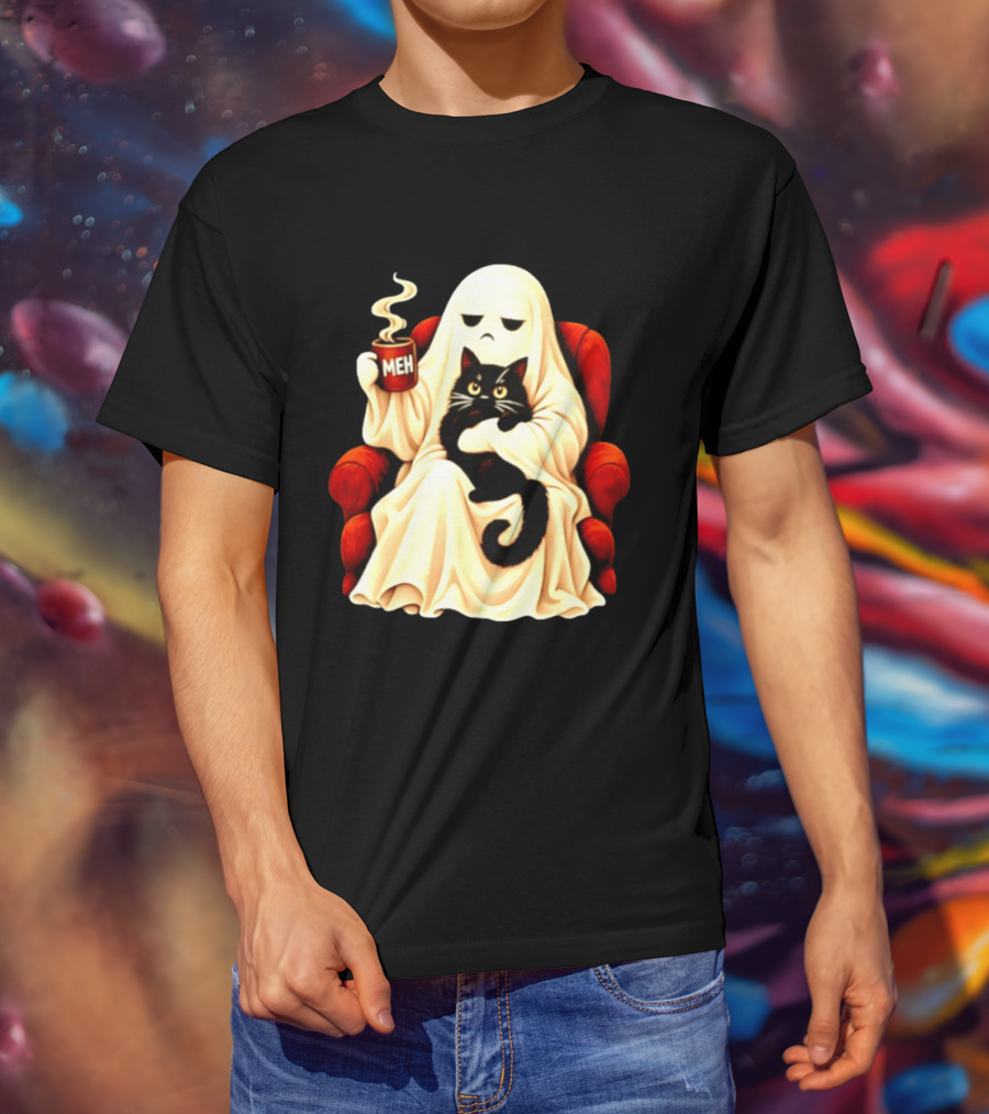 Ghost And Black Cat On Red Chair With Meh Coffee T-Shirt