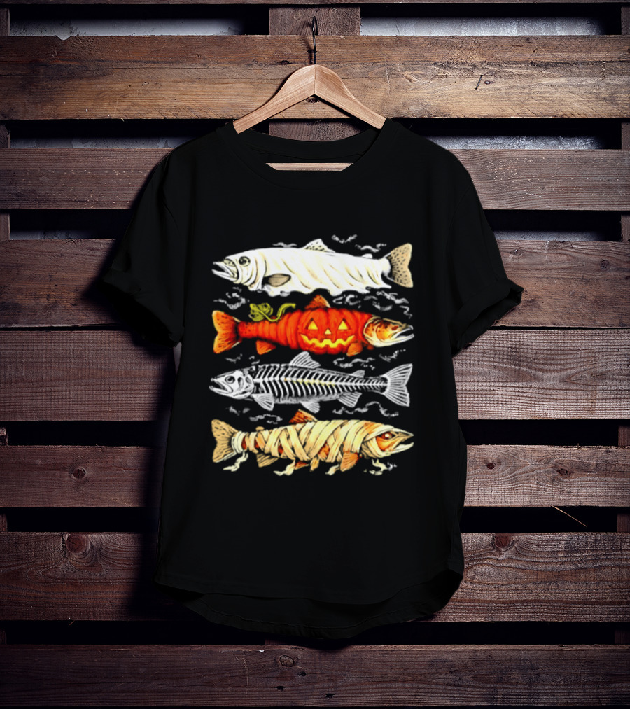 Halloween Pumpkin Mummy Fish Skeleton Trio T-Shirt
