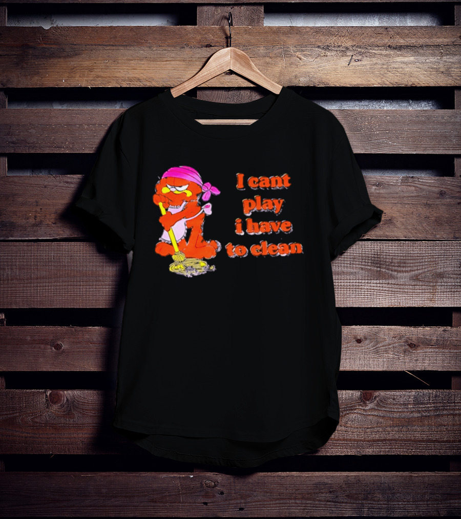 Garfield I Can't Play I Have To Clean Comic Image With Mop And Bandana T-Shirt