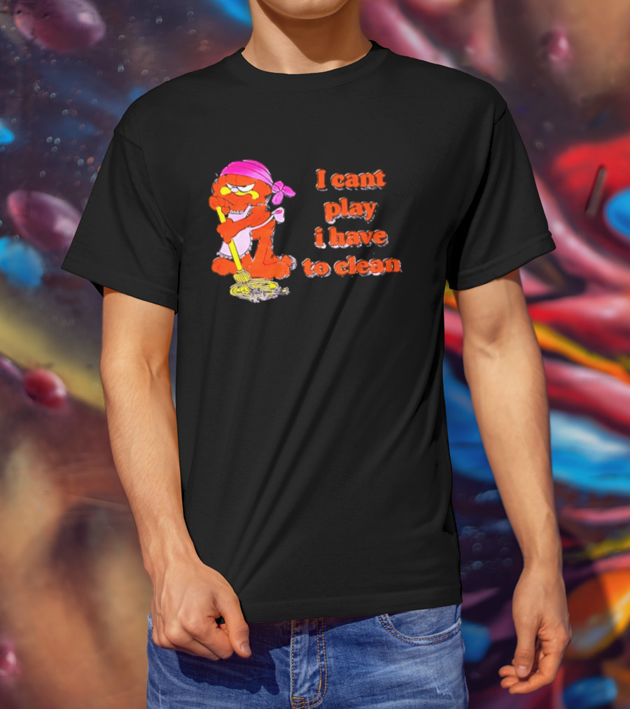 Garfield I Can't Play I Have To Clean Comic Image With Mop And Bandana T-Shirt