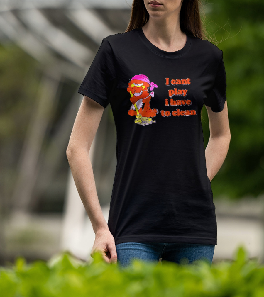Garfield I Can't Play I Have To Clean Comic Image With Mop And Bandana T-Shirt