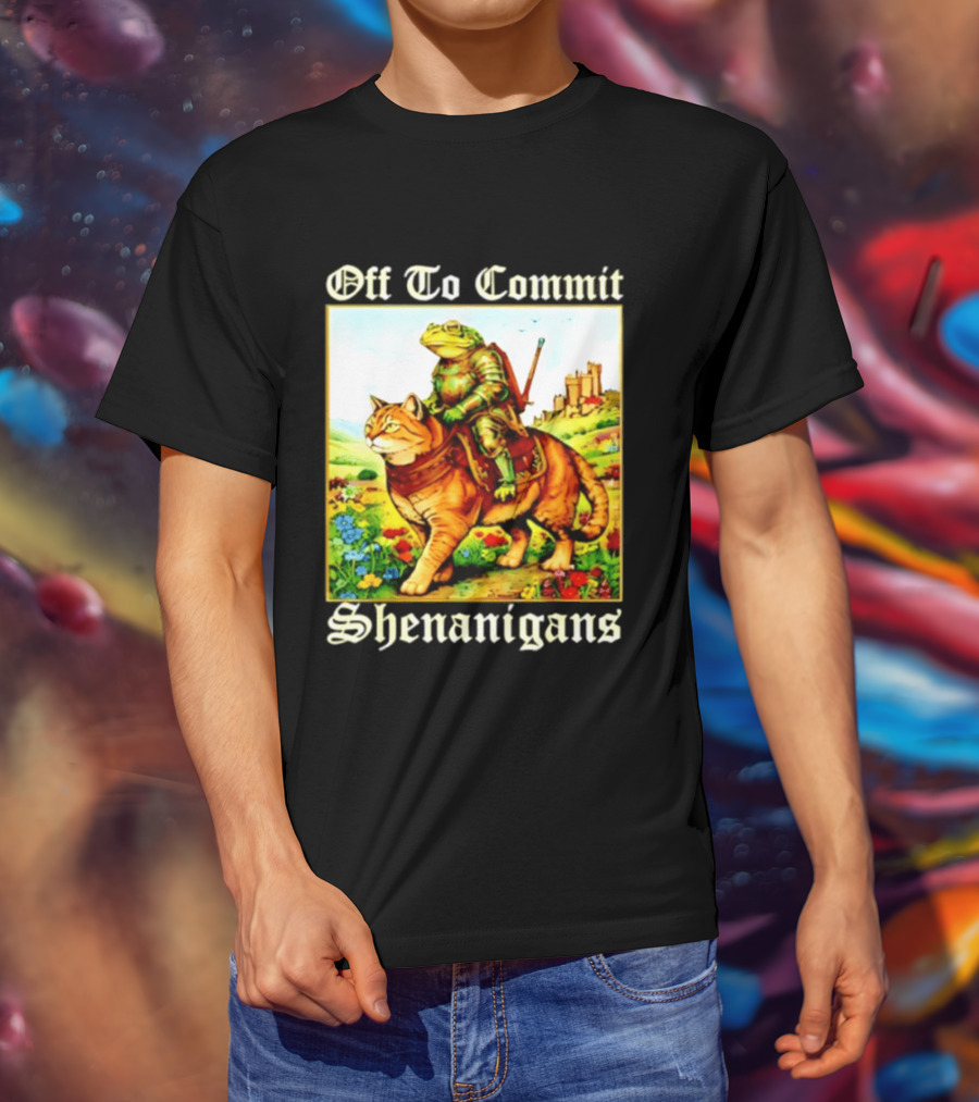 Off To Commit Shenanigans Frog Knight Riding Cat Medieval Adventure T-Shirt