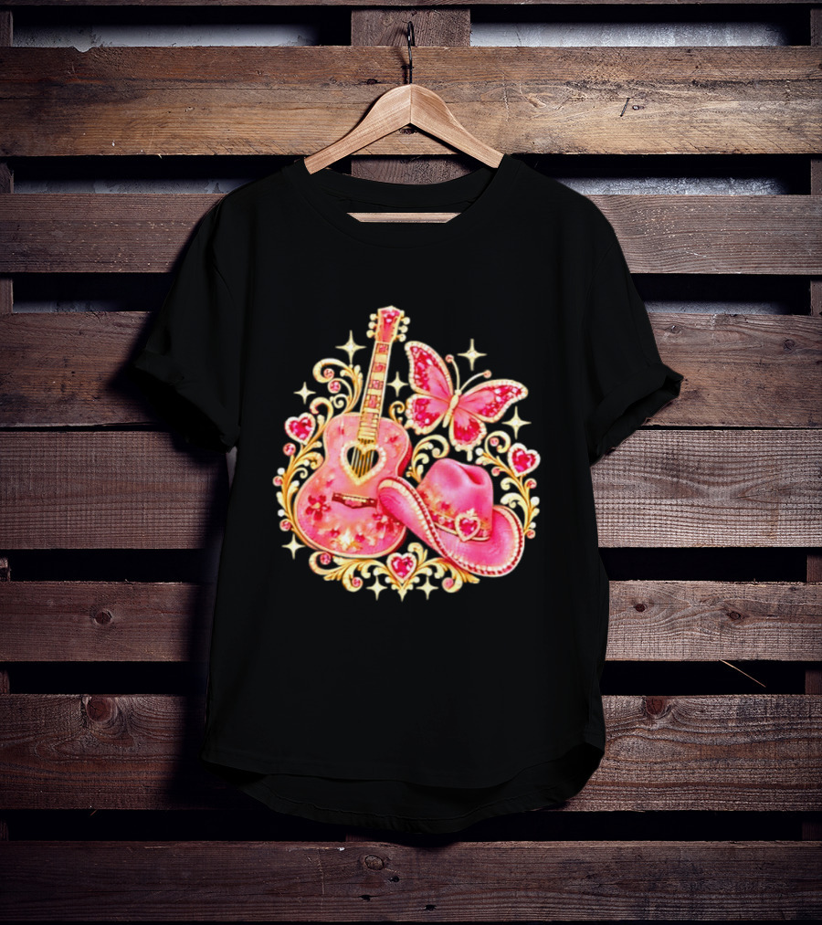 Pink Rhinestone Guitar Cowboy Hat Butterfly Hearts Sparkles T-Shirt