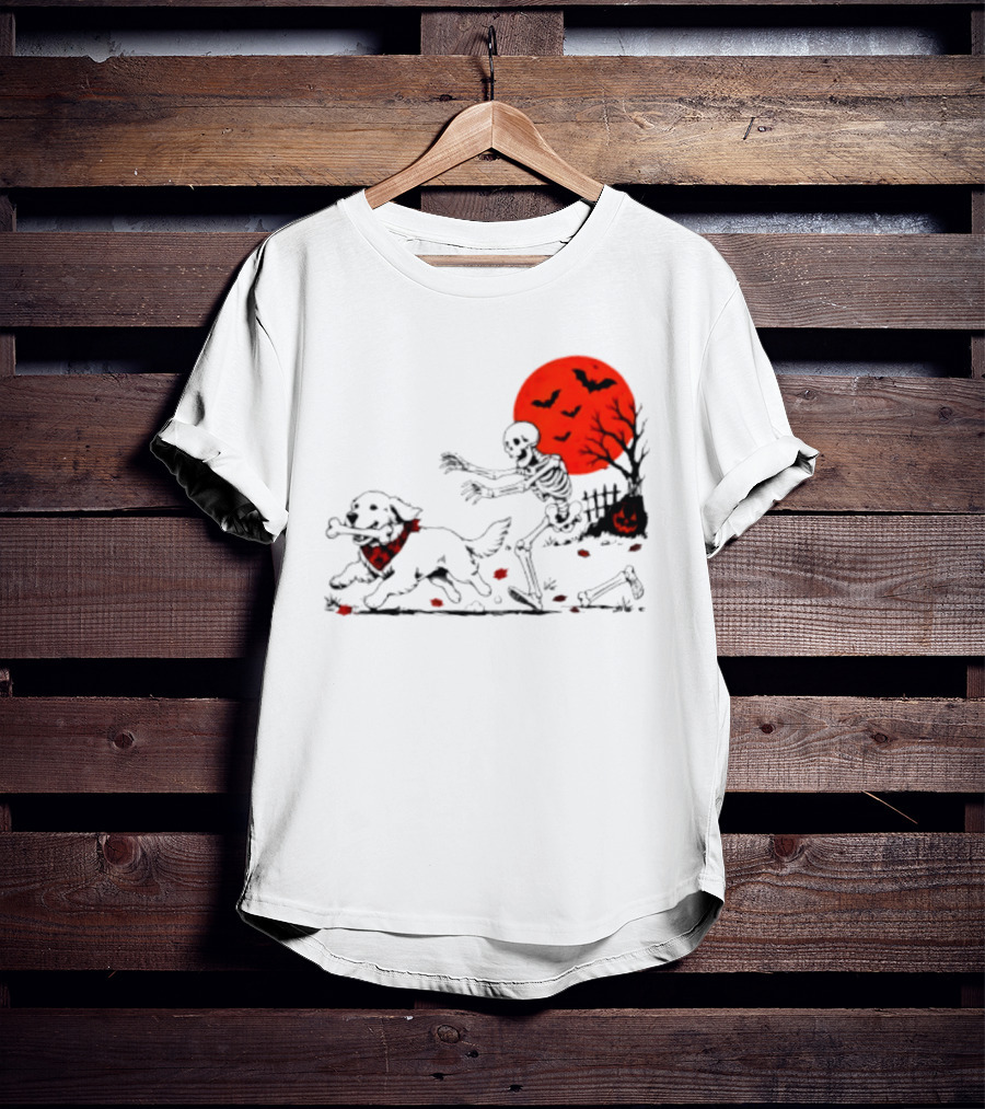 Golden Retriever And Skeleton Chase Under Red Moon With Bats And Pumpkin T-Shirt