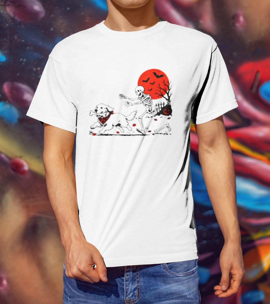 Golden Retriever And Skeleton Chase Under Red Moon With Bats And Pumpkin T-Shirt