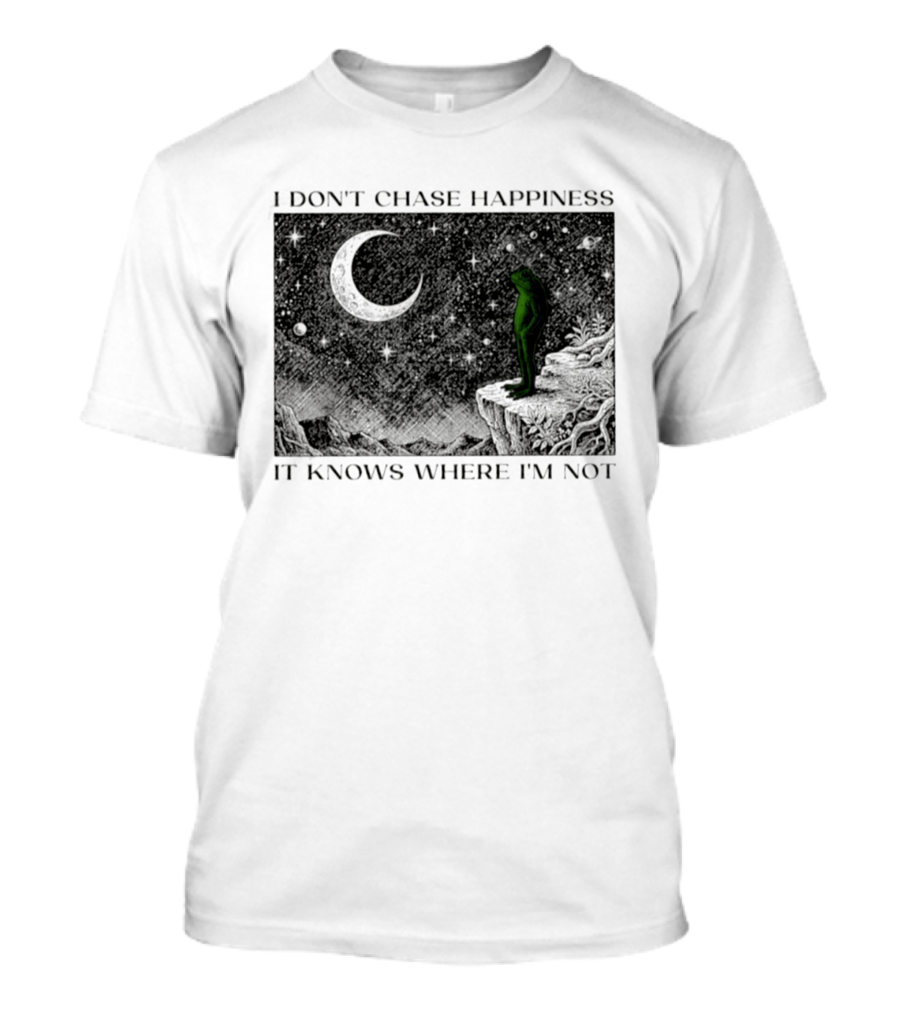 I Don't Chase Happiness It Knows Where I'm Not Frog Moonlit Starry Night T-Shirt