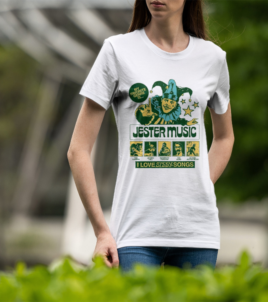My Favorite Genre Is Jester Music I Love Silly Songs Playful Jester With Stars T-Shirt