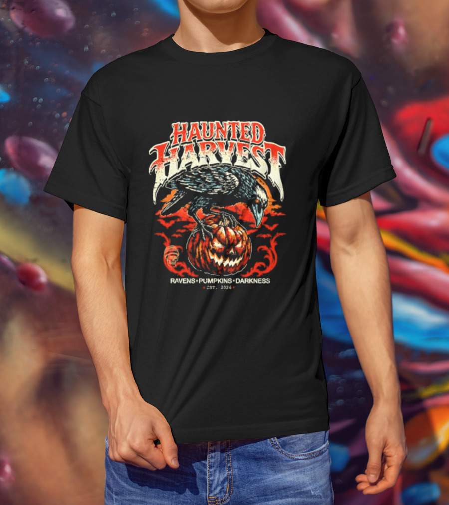 Haunted Harvest Ravens Pumpkins Darkness Est 2026 T-Shirt