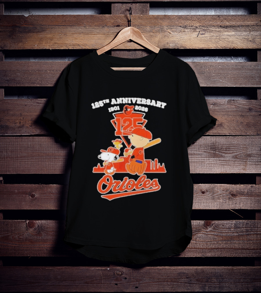 Peanuts Snoopy Baltimore Orioles 125th Anniversary 1901 2026 Skyline Baseball T-Shirt