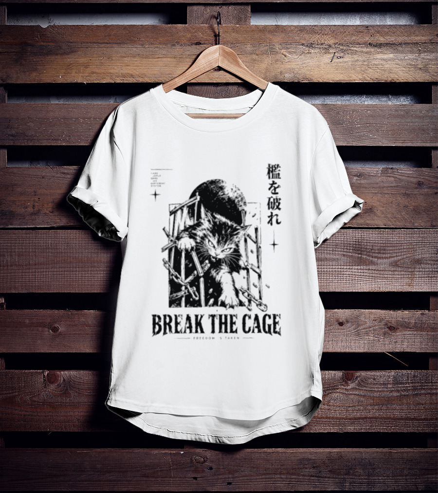 Break The Cage Freedom Is Taken Cat Kanji T-Shirt