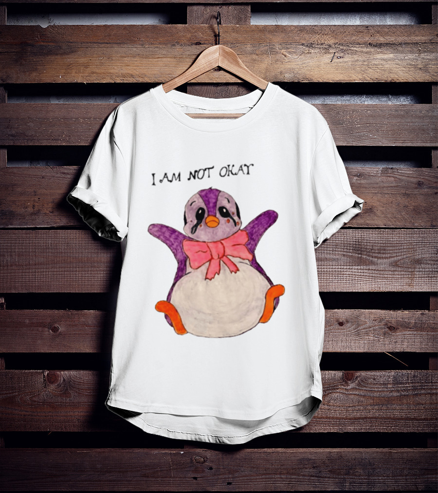 I Am Not Okay Crying Penguin Aesthetic Bow Tearful Purple Orange T-Shirt