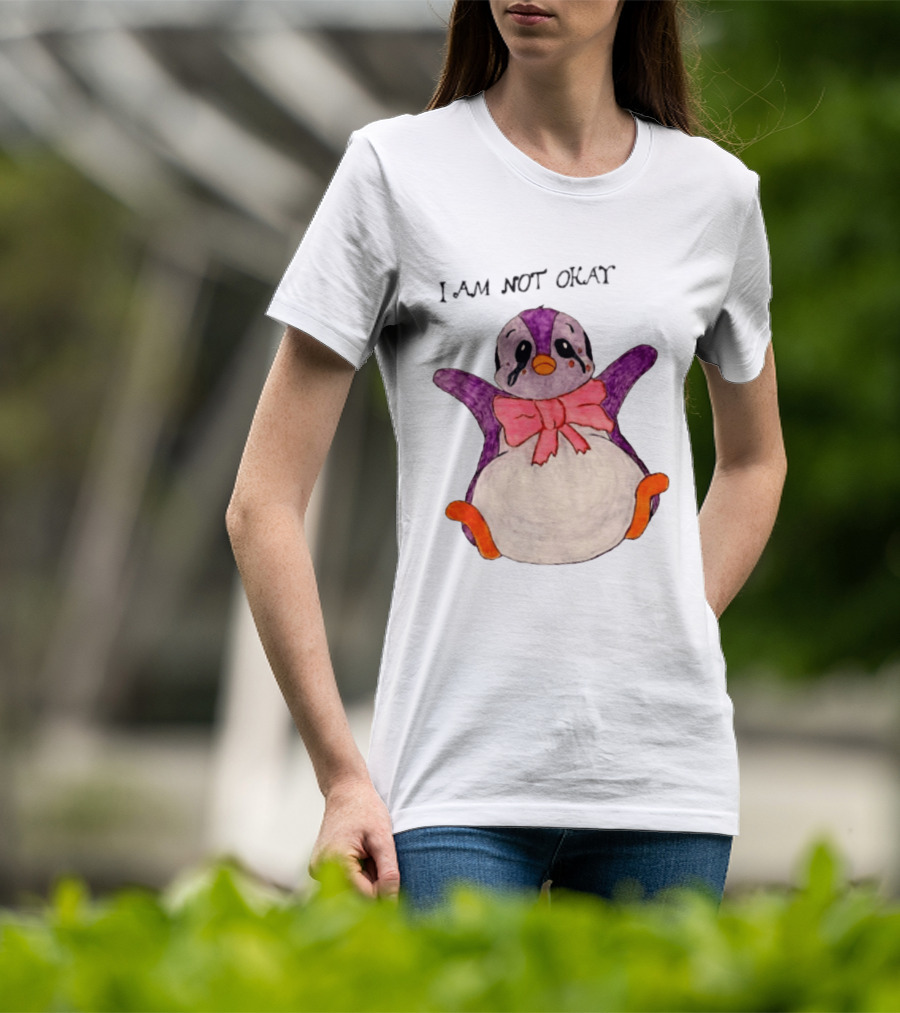 I Am Not Okay Crying Penguin Aesthetic Bow Tearful Purple Orange T-Shirt