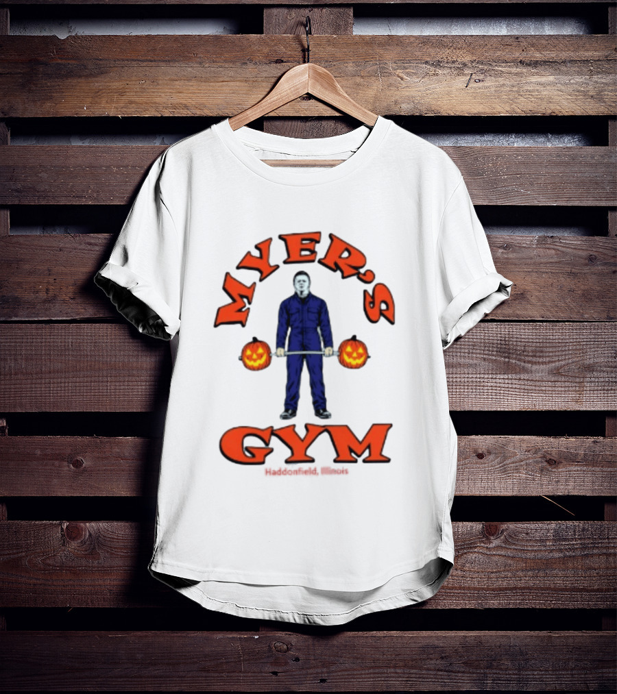Myers's Gym Haddonfield Illinois Michael Myers Jack O' Lantern Weightlifting Halloween T-Shirt