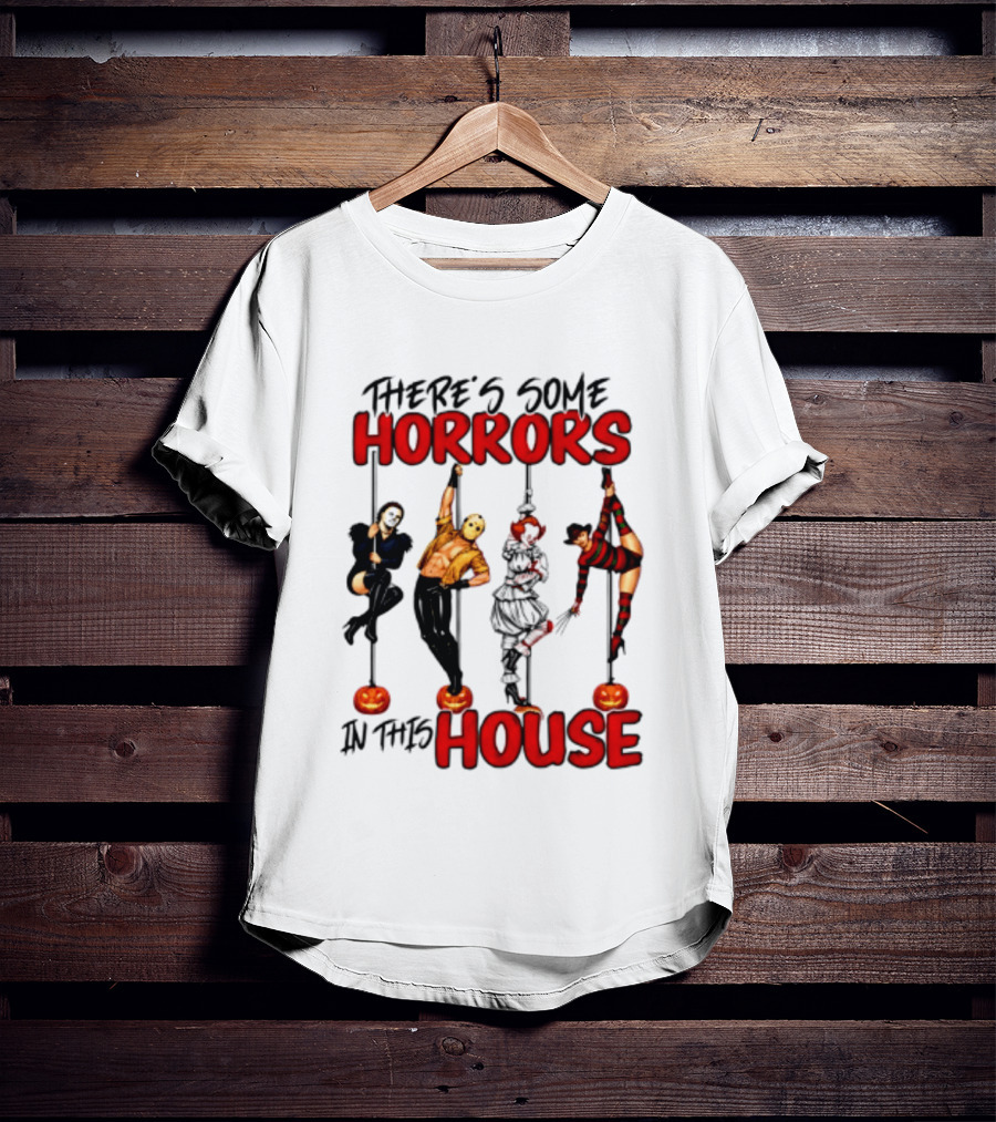 There's Some Horrors In This House Halloween Characters Pumpkin Poles T-Shirt