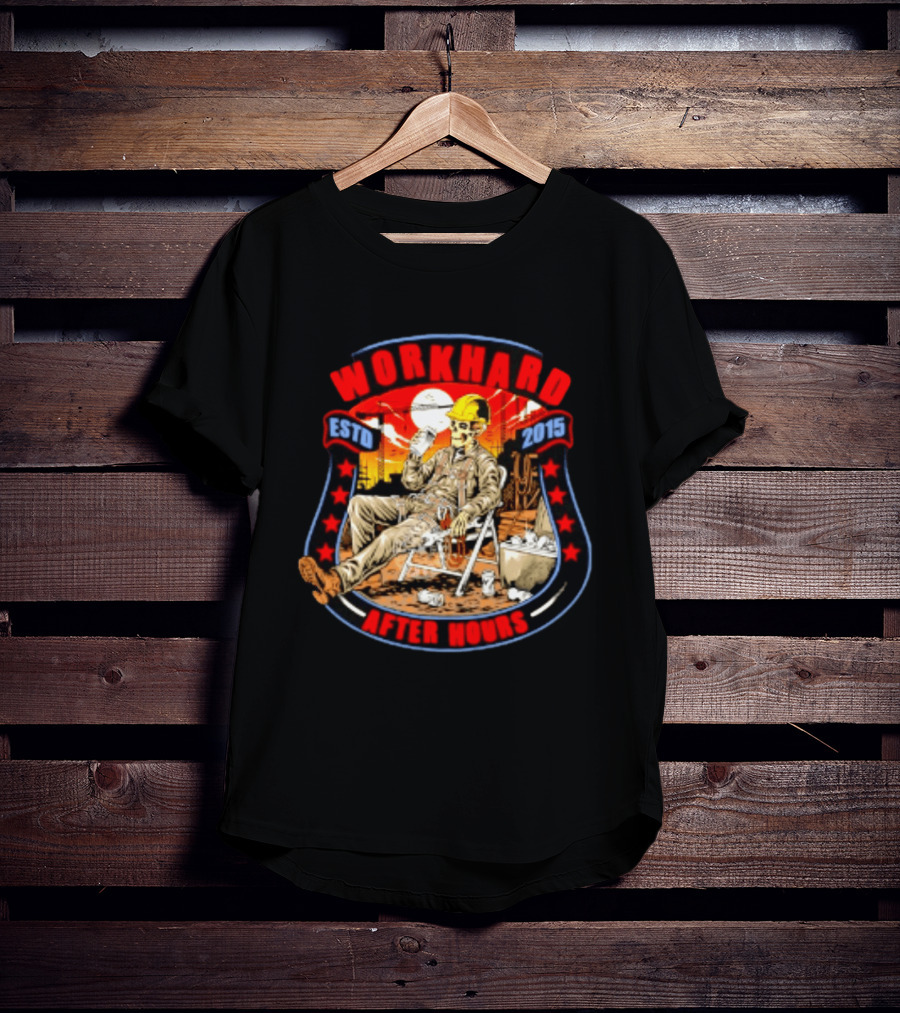 Work Hard After Hours Estd 2015 Skeleton Construction Worker Relaxing Moonlight Scene T-Shirt