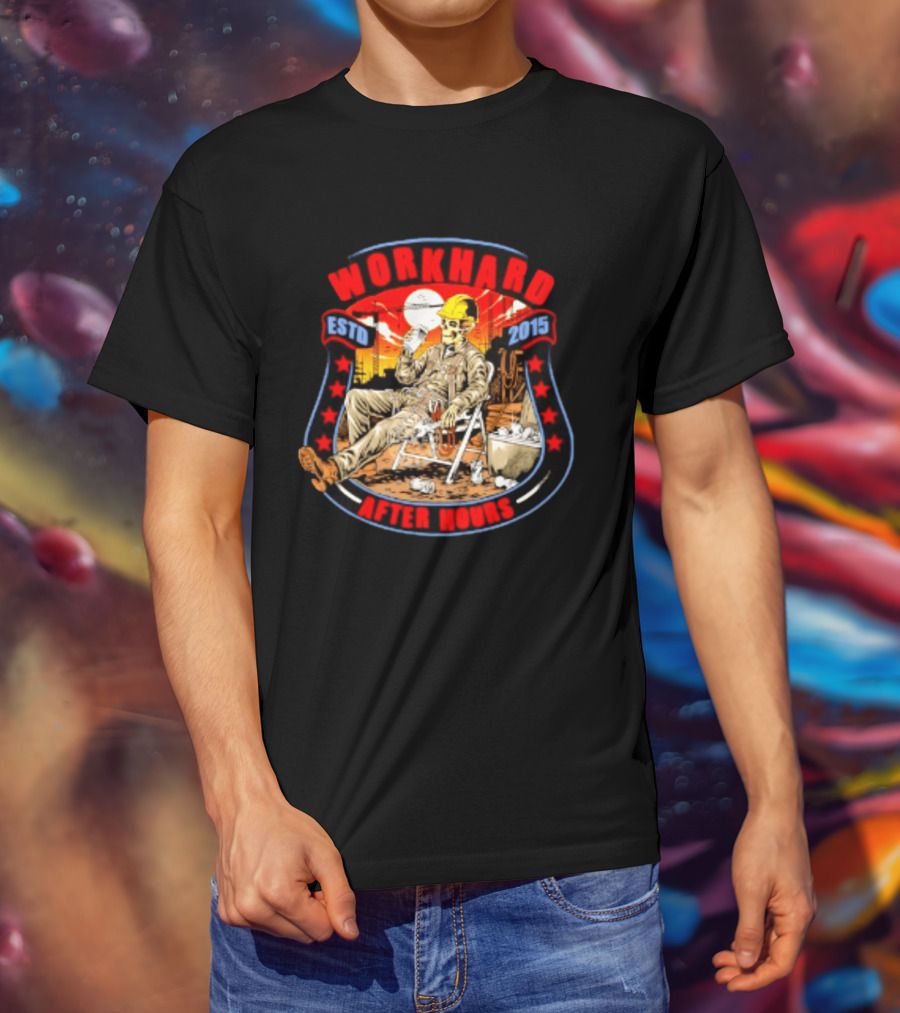 Work Hard After Hours Estd 2015 Skeleton Construction Worker Relaxing Moonlight Scene T-Shirt