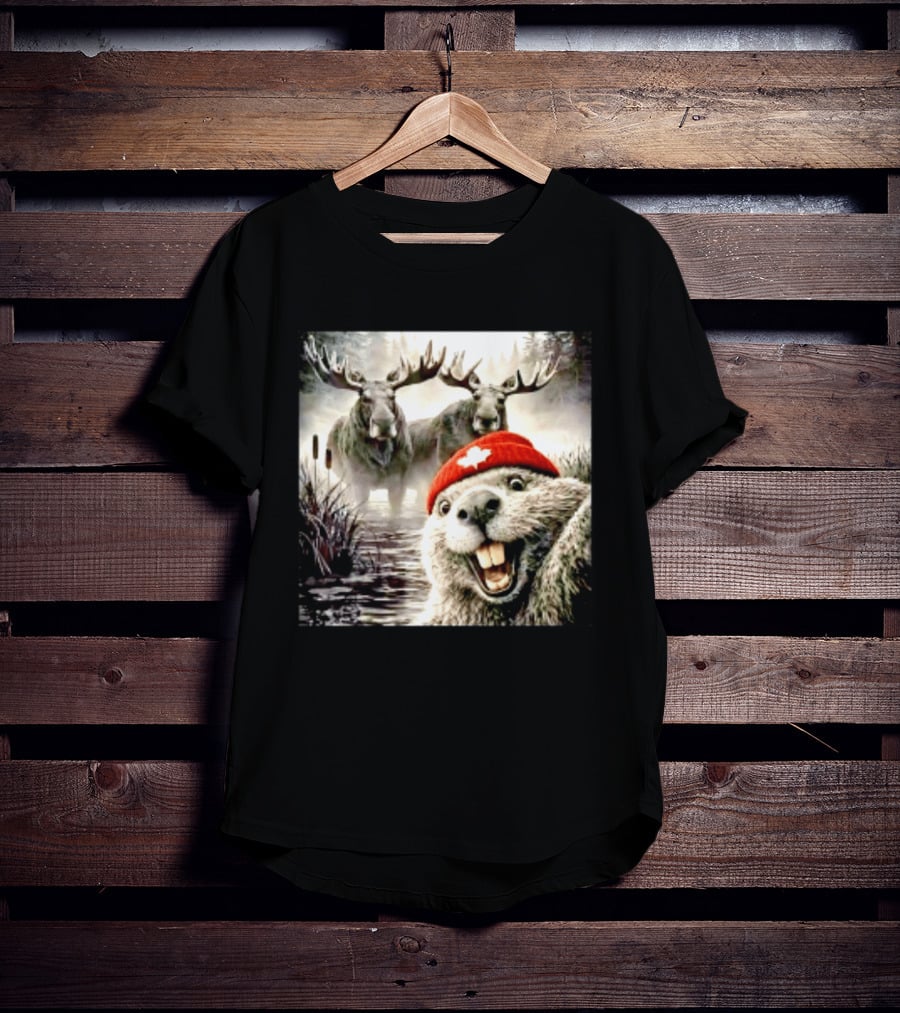 Beaver With Maple Leaf Beanie And Moose Forest Scene T-Shirt