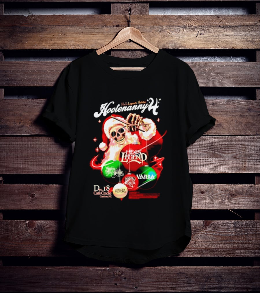 Holiday Hootenanny He Is Legend Skeleton Santa Cat's Cradle Carrboro NC Christmas T-Shirt