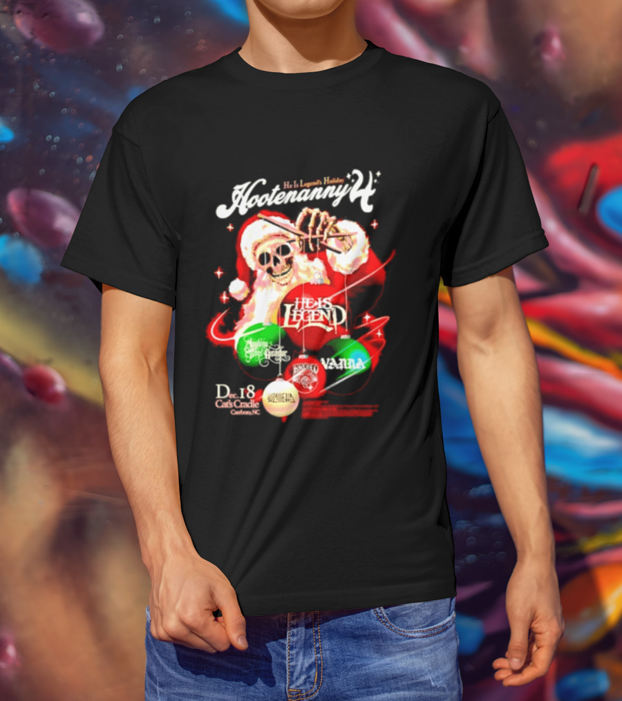 Holiday Hootenanny He Is Legend Skeleton Santa Cat's Cradle Carrboro NC Christmas T-Shirt