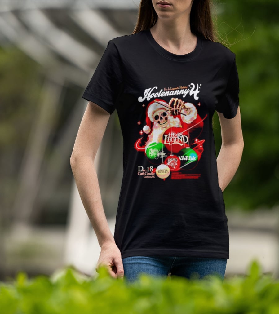Holiday Hootenanny He Is Legend Skeleton Santa Cat's Cradle Carrboro NC Christmas T-Shirt