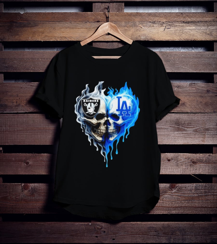Las Vegas Raiders Los Angeles Dodgers Skulls Heart Blue Flames T-Shirt