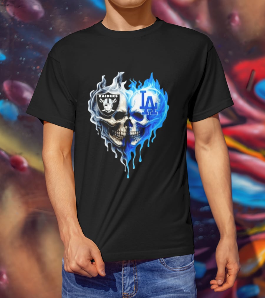 Las Vegas Raiders Los Angeles Dodgers Skulls Heart Blue Flames T-Shirt