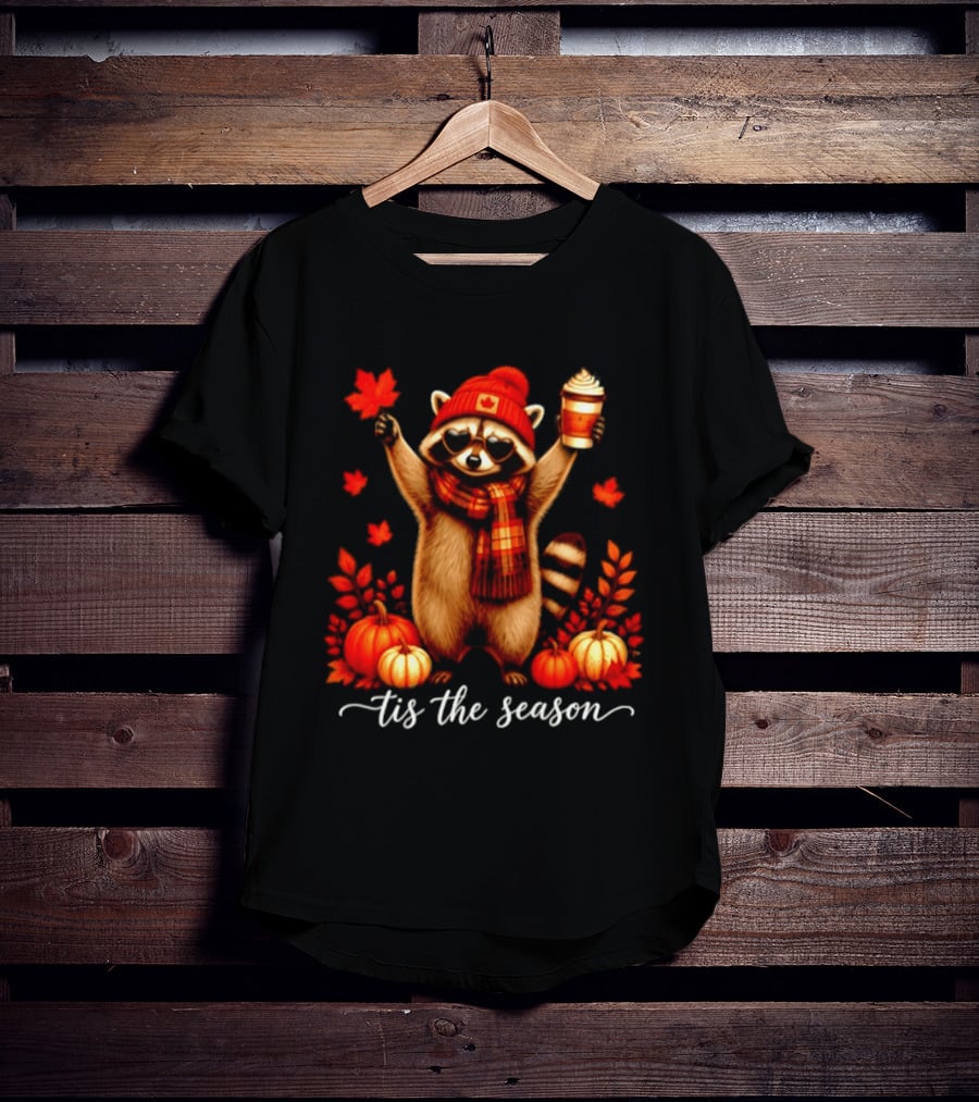 Raccoon In Scarf With Heart Sunglasses Autumn Leaves Pumpkins Tis The Season T-Shirt