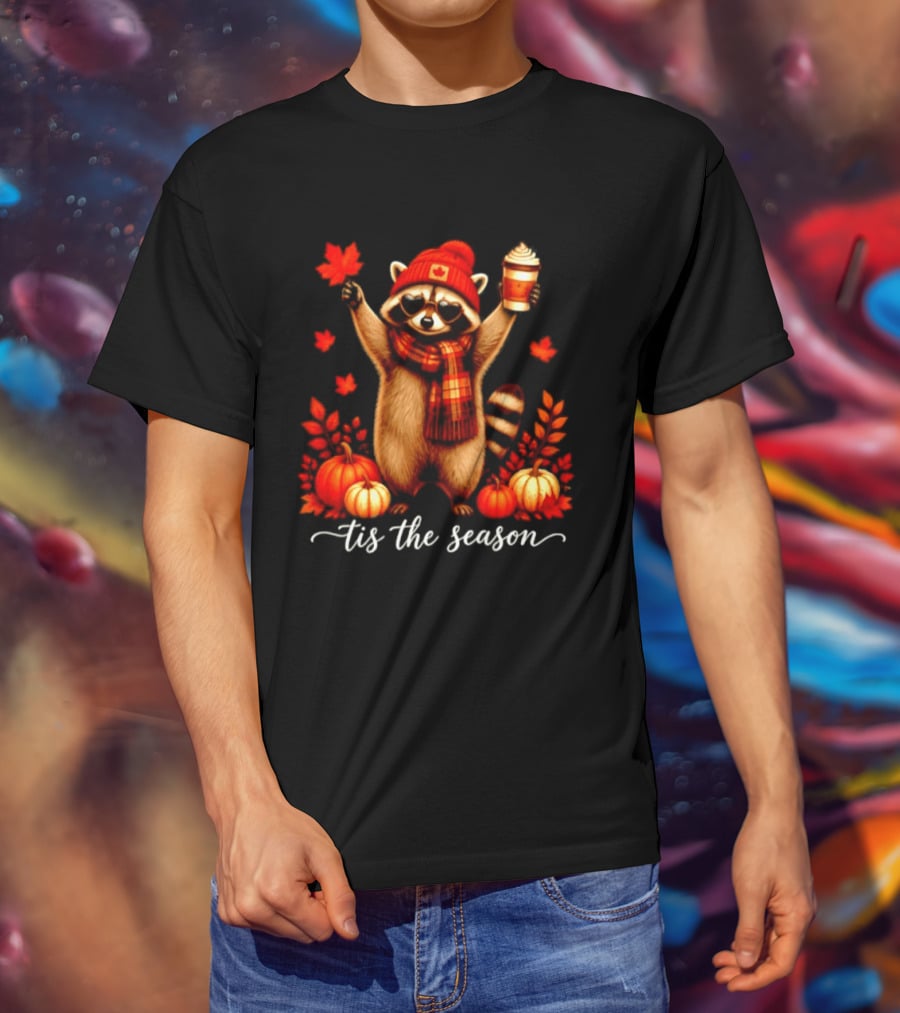 Raccoon In Scarf With Heart Sunglasses Autumn Leaves Pumpkins Tis The Season T-Shirt