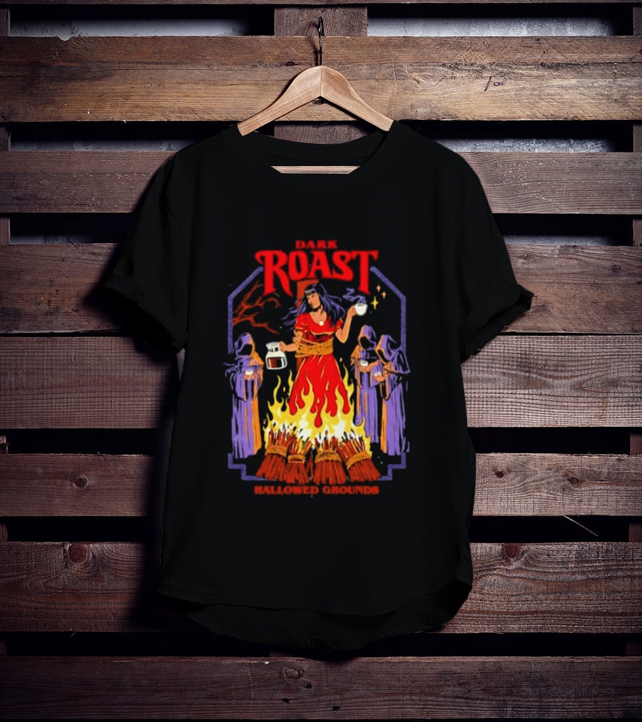 Dark Roast Hallowed Grounds Coffee Witch Brewing Flames And Rituals T-Shirt