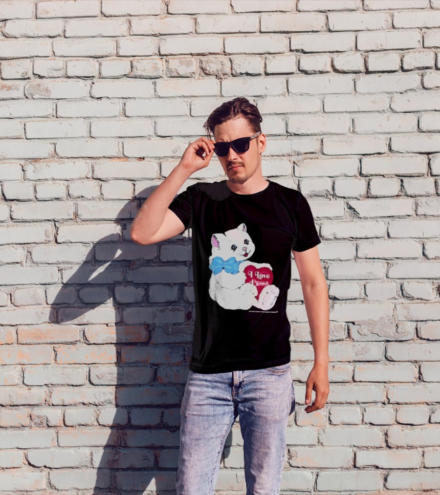 I Love Pussy Cats Heart Blue Bow Adorable White Kitten T-Shirt