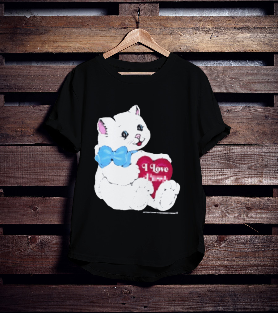 I Love Pussy Cats Heart Blue Bow Adorable White Kitten T-Shirt