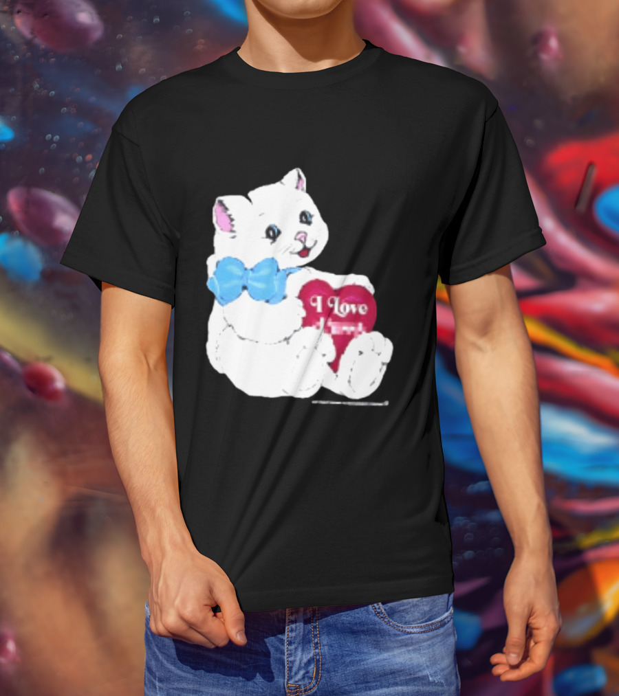 I Love Pussy Cats Heart Blue Bow Adorable White Kitten T-Shirt